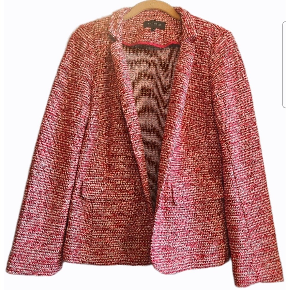 Talbots Red White Tweed Knit Blazer Jacket Womens Stretchy  Size 4 Open Front